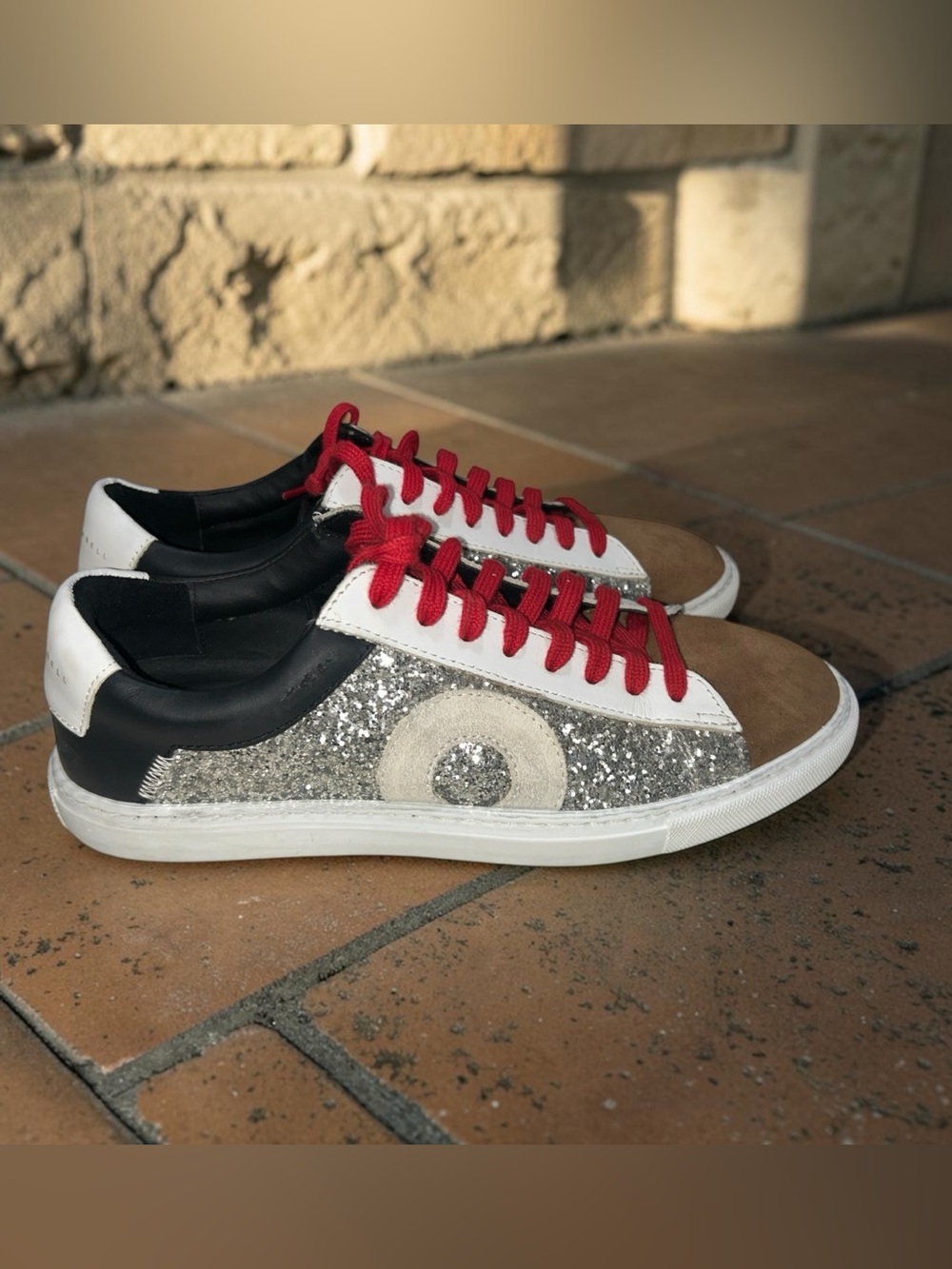 Oliver Cabell Silver Glitter, Brown & Black Low-Top Sneakers with Red Laces